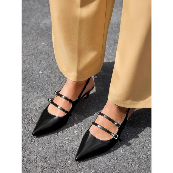 Women's Slingbak Ktiten Pumpe Closed  Pointed Toe Heels Wedding Dress Shoe Black - Picture 3 of 6
